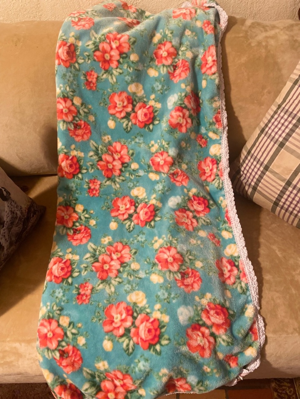 The Pioneer Woman Turquoise Plush Throw with Coral Rose Print